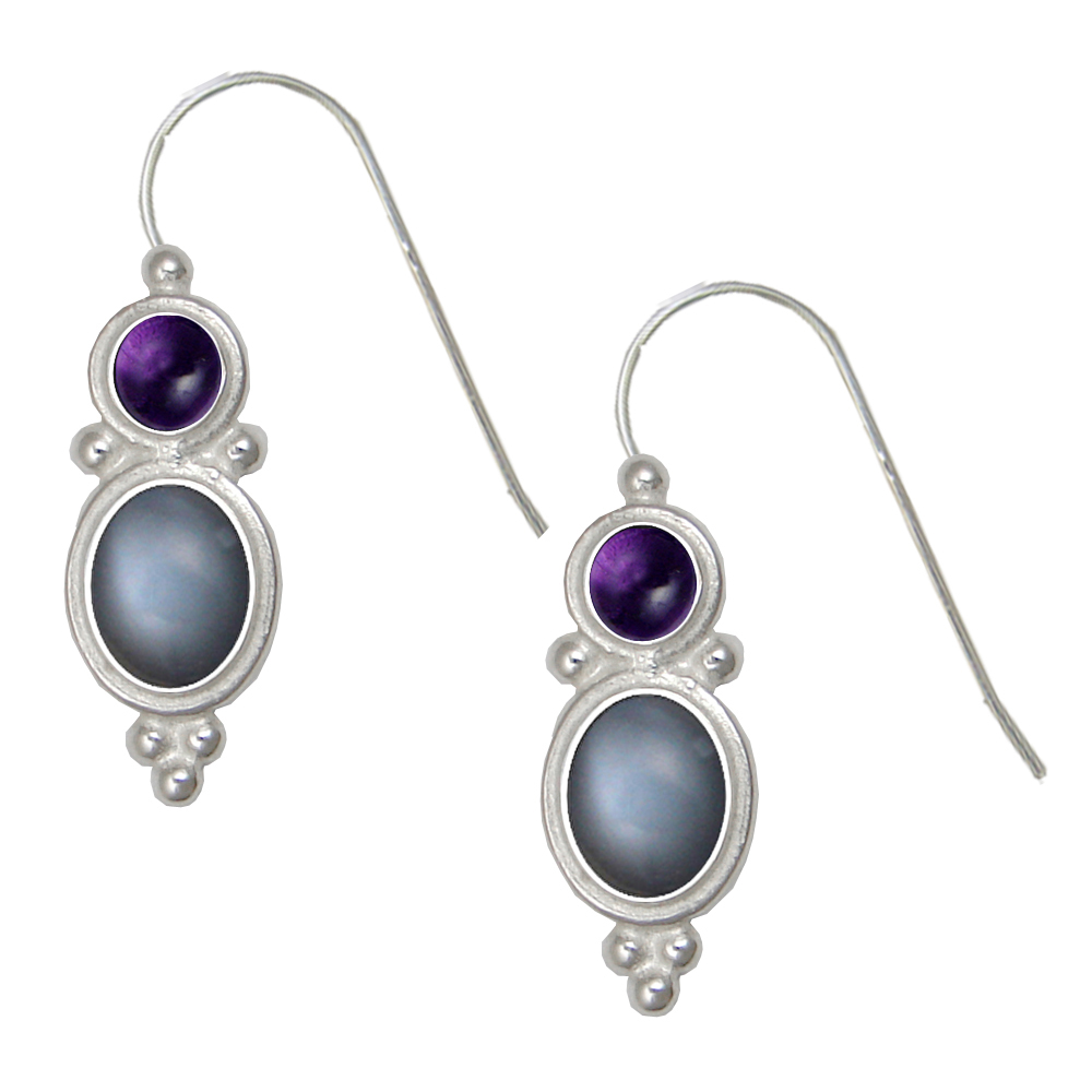 Sterling Silver Drop Dangle Earrings Grey Moonstone And Amethyst